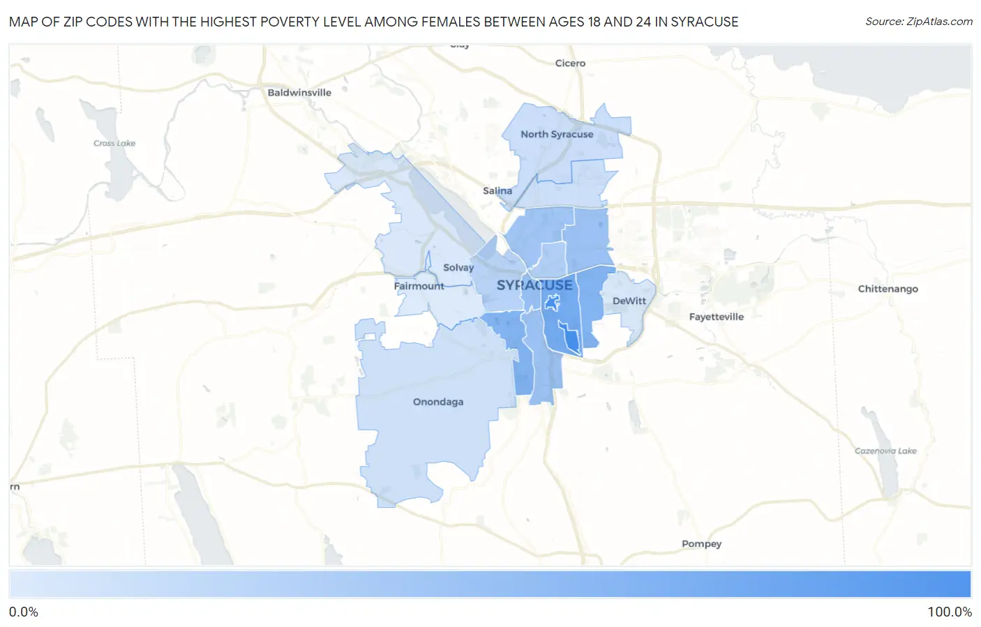 Zip Codes with the Highest Poverty Level Among Females Between Ages 18 and 24 in Syracuse Map