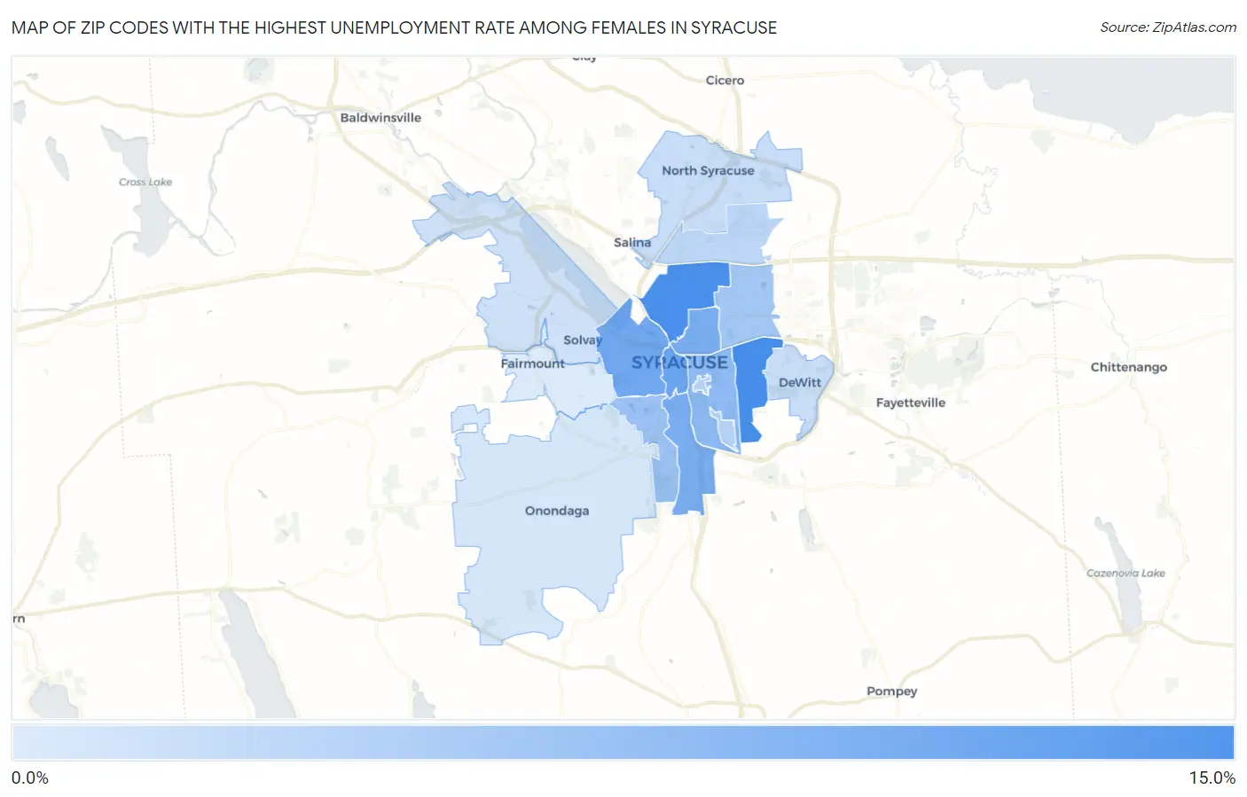 Zip Codes with the Highest Unemployment Rate Among Females in Syracuse Map