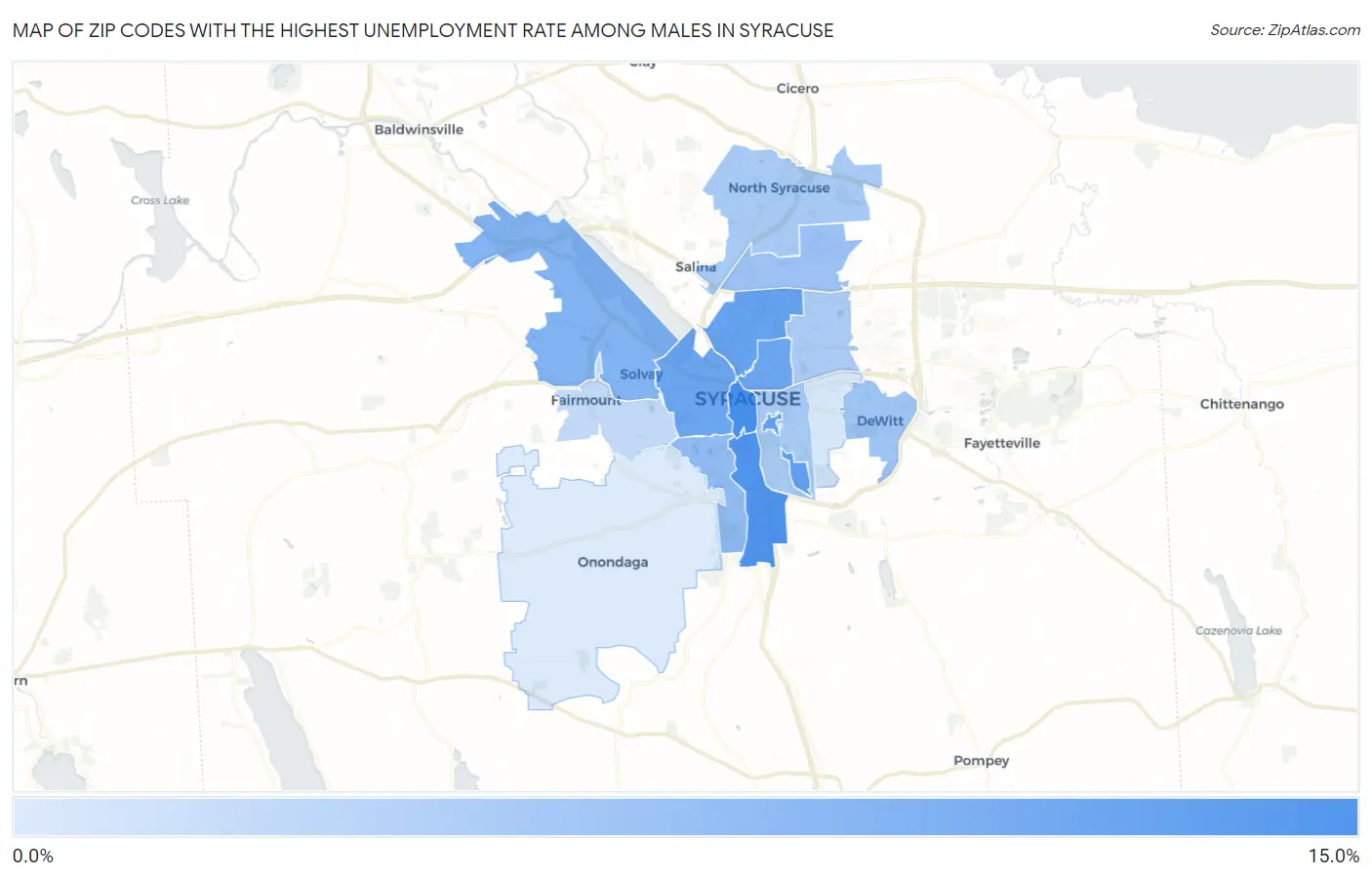 Zip Codes with the Highest Unemployment Rate Among Males in Syracuse Map