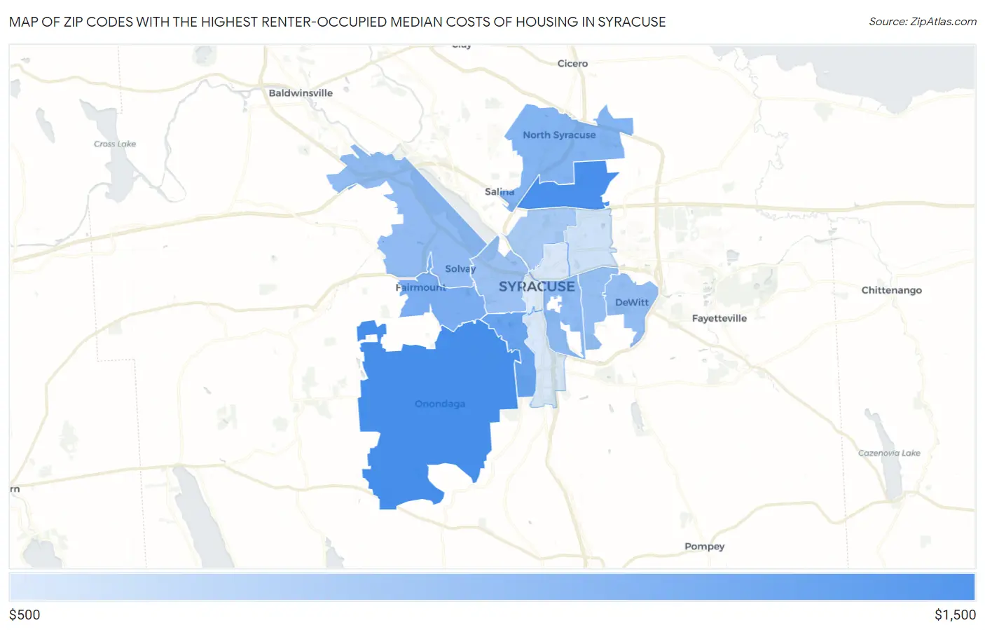 Zip Codes with the Highest Renter-Occupied Median Costs of Housing in Syracuse Map