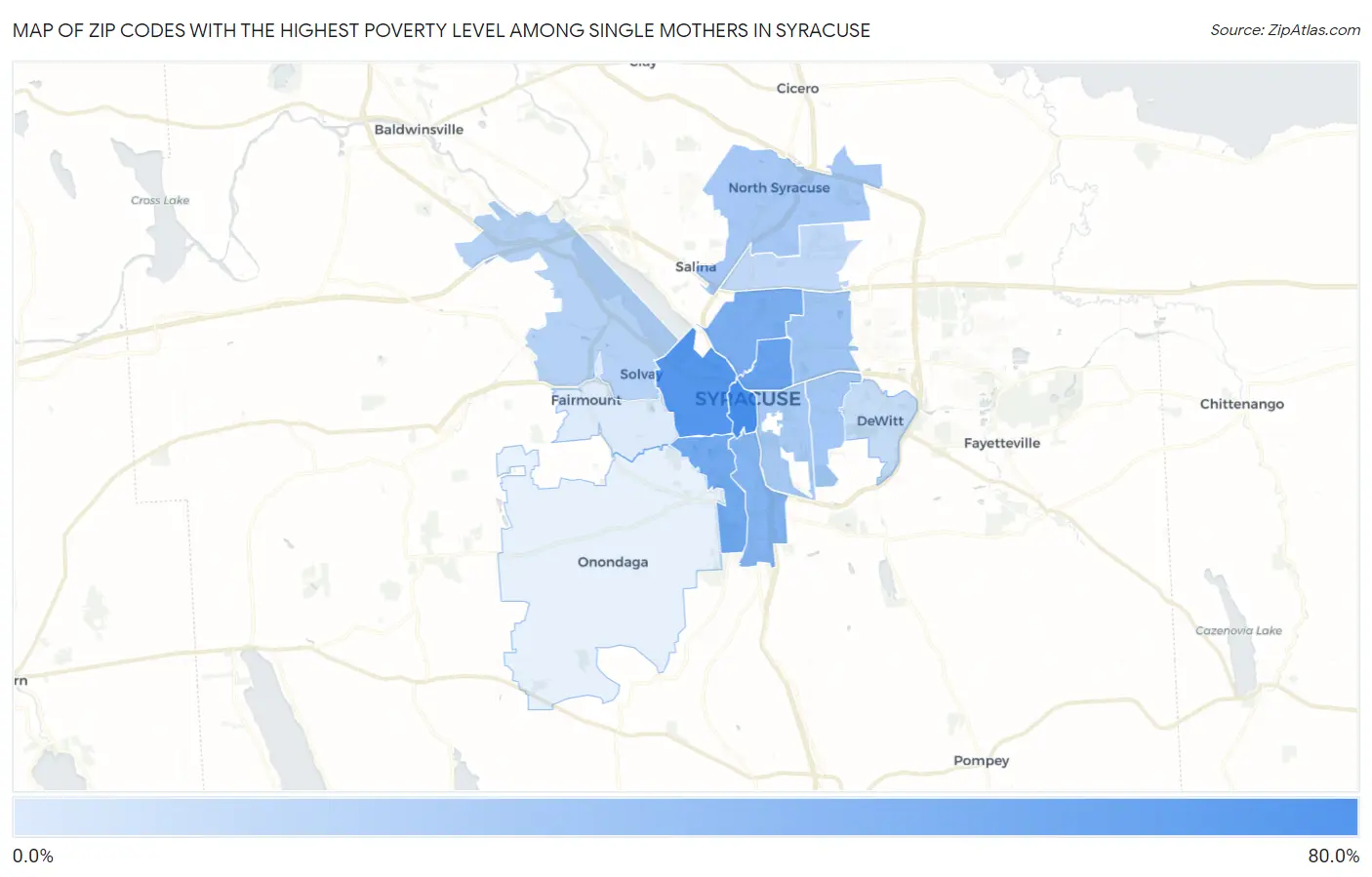 Zip Codes with the Highest Poverty Level Among Single Mothers in Syracuse Map