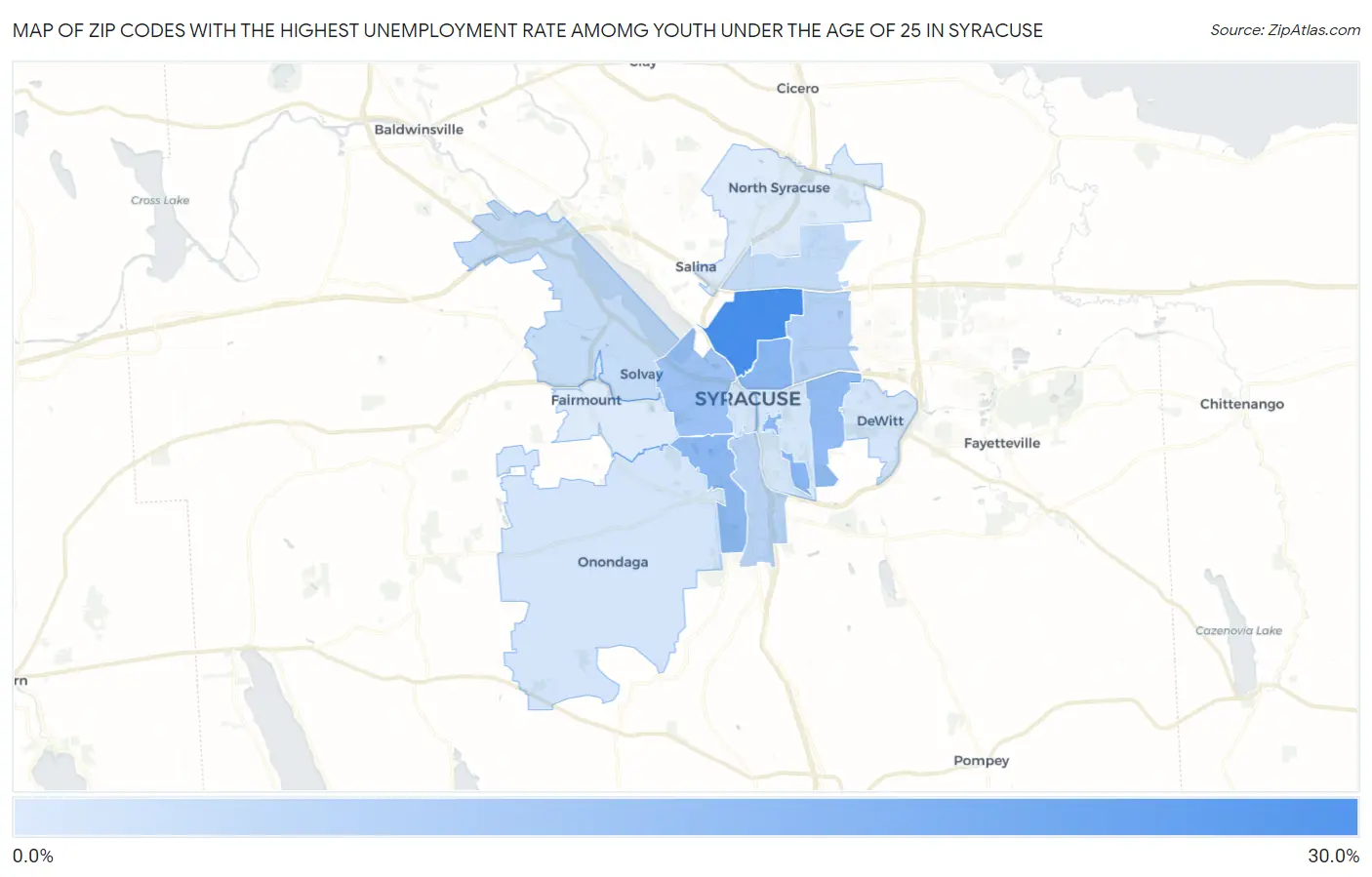 Zip Codes with the Highest Unemployment Rate Amomg Youth Under the Age of 25 in Syracuse Map