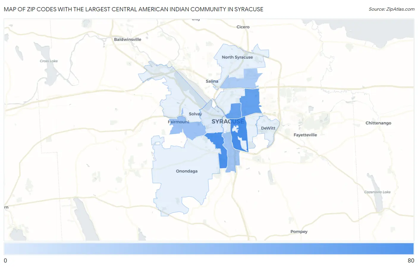 Zip Codes with the Largest Central American Indian Community in Syracuse Map