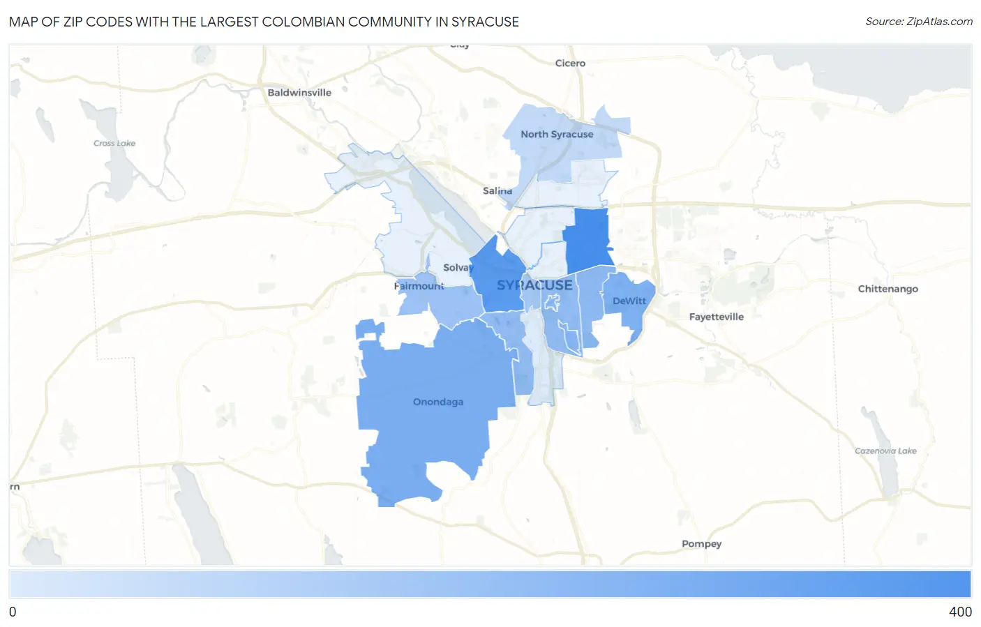 Zip Codes with the Largest Colombian Community in Syracuse Map