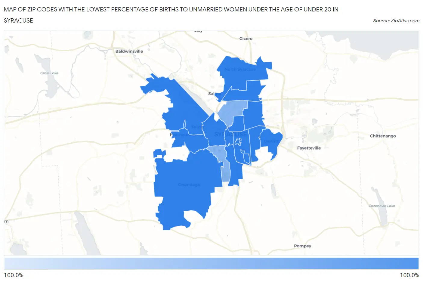 Zip Codes with the Lowest Percentage of Births to Unmarried Women under the Age of under 20 in Syracuse Map