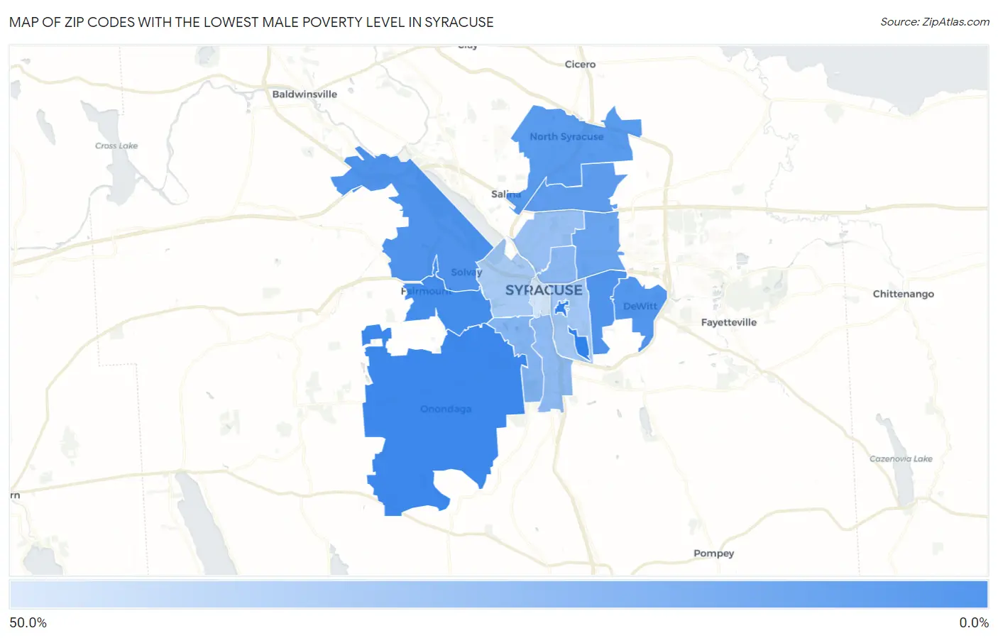 Zip Codes with the Lowest Male Poverty Level in Syracuse Map