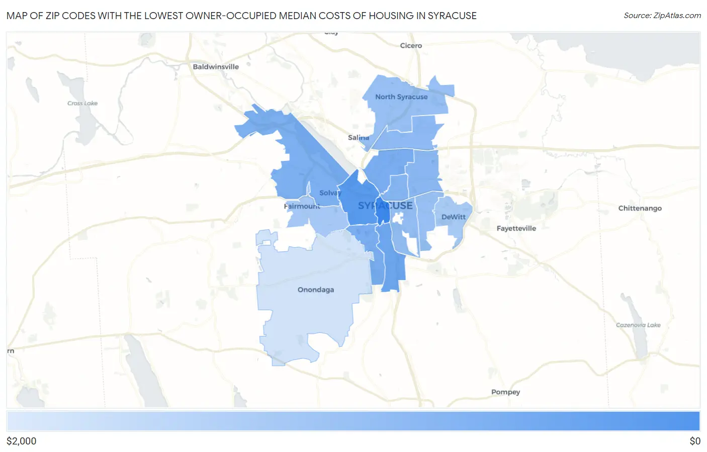 Zip Codes with the Lowest Owner-Occupied Median Costs of Housing in Syracuse Map