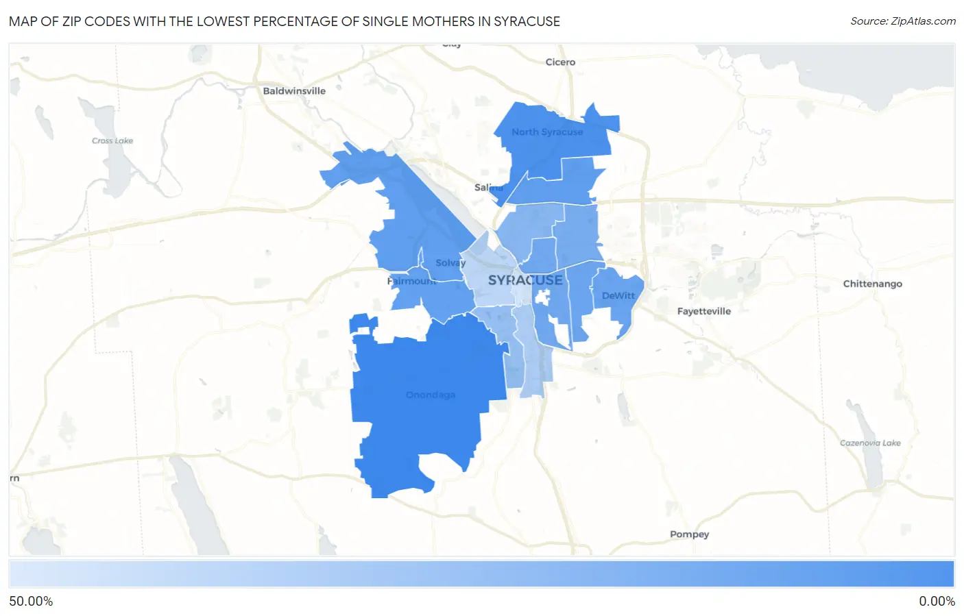 Zip Codes with the Lowest Percentage of Single Mothers in Syracuse Map