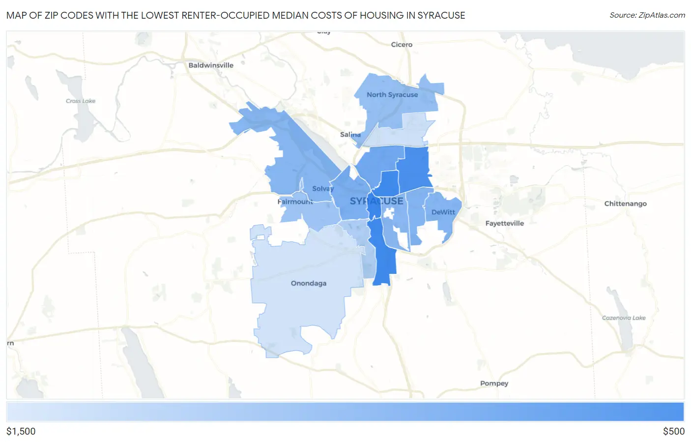 Zip Codes with the Lowest Renter-Occupied Median Costs of Housing in Syracuse Map