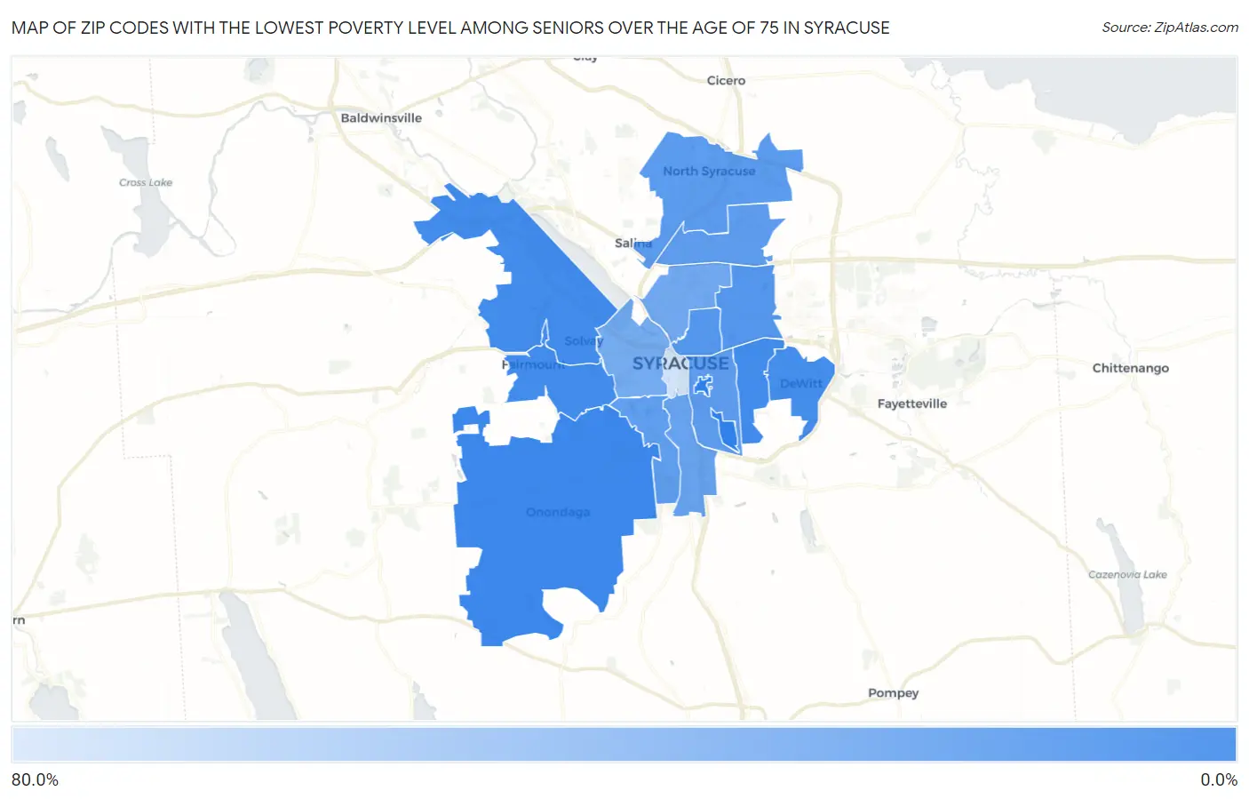 Zip Codes with the Lowest Poverty Level Among Seniors Over the Age of 75 in Syracuse Map