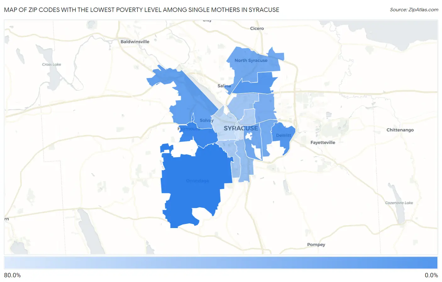 Zip Codes with the Lowest Poverty Level Among Single Mothers in Syracuse Map