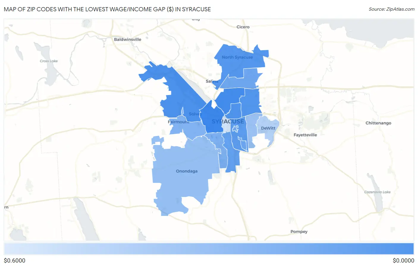 Zip Codes with the Lowest Wage/Income Gap ($) in Syracuse Map