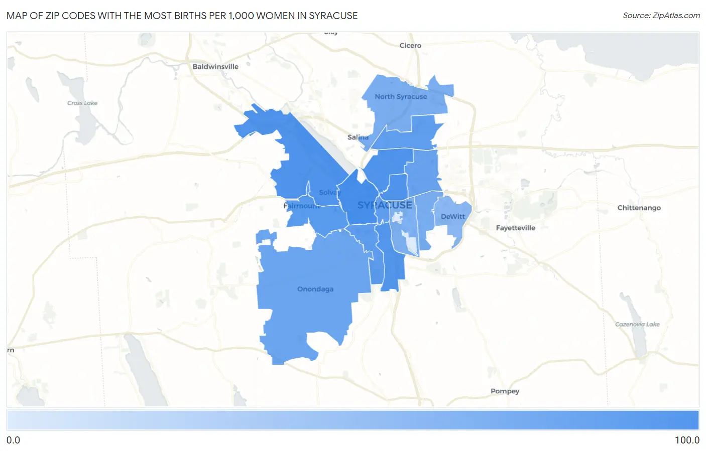 Zip Codes with the Most Births per 1,000 Women in Syracuse Map