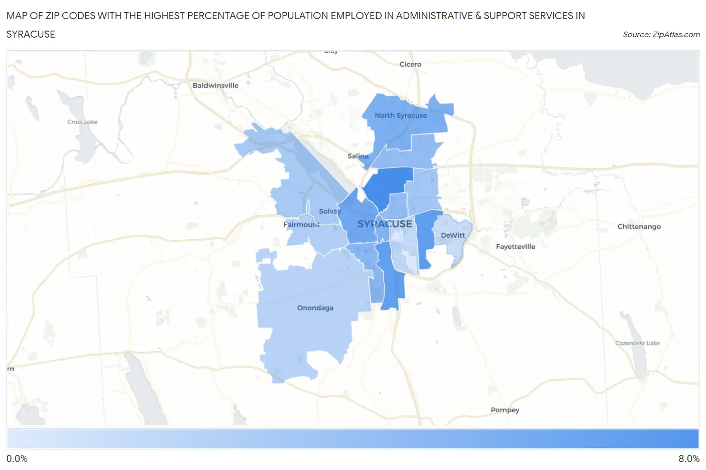 Zip Codes with the Highest Percentage of Population Employed in Administrative & Support Services in Syracuse Map