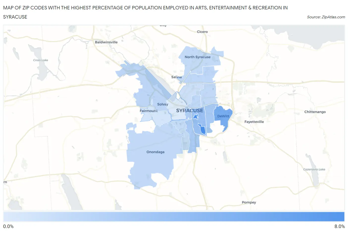 Zip Codes with the Highest Percentage of Population Employed in Arts, Entertainment & Recreation in Syracuse Map