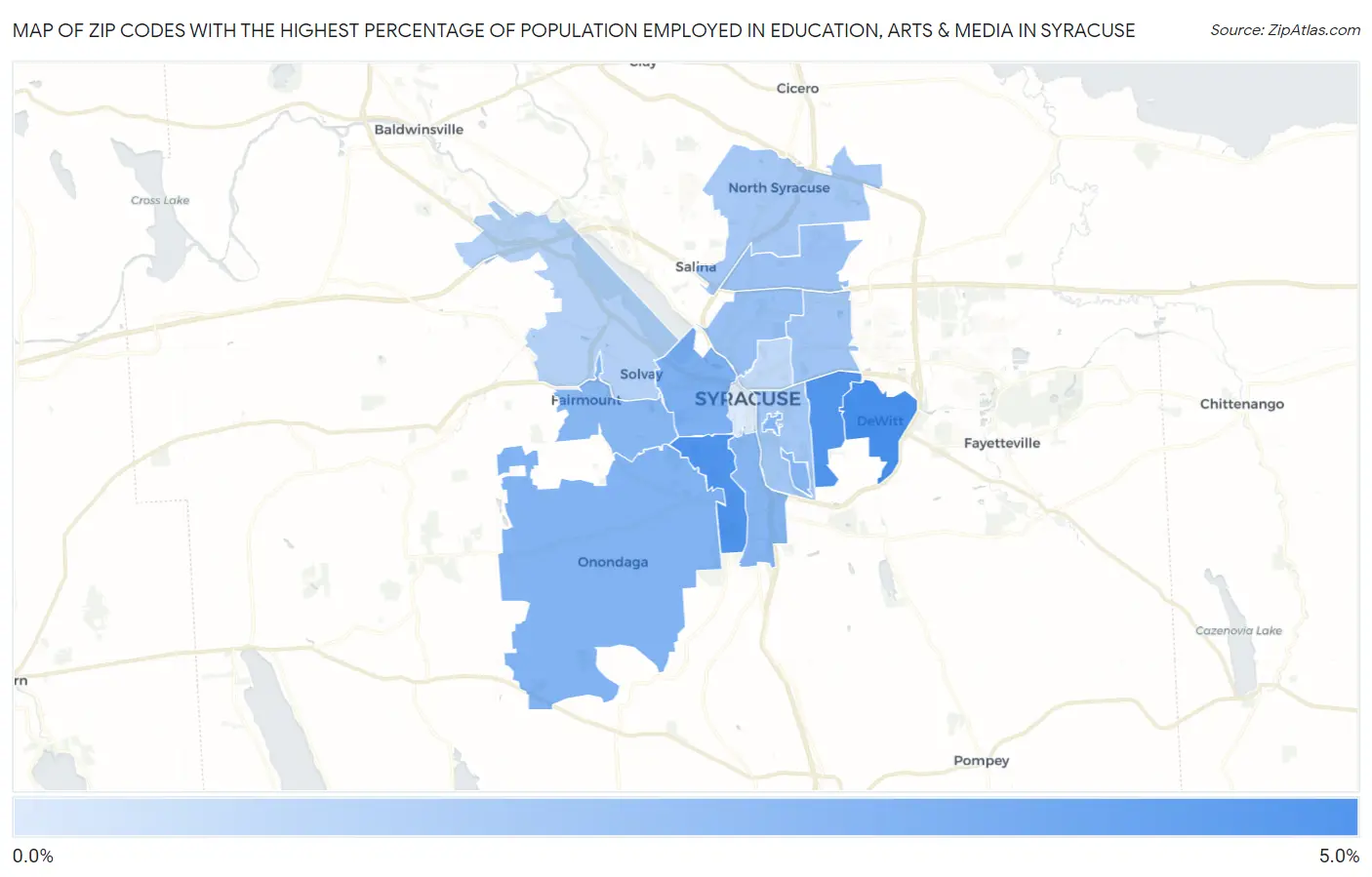 Zip Codes with the Highest Percentage of Population Employed in Education, Arts & Media in Syracuse Map