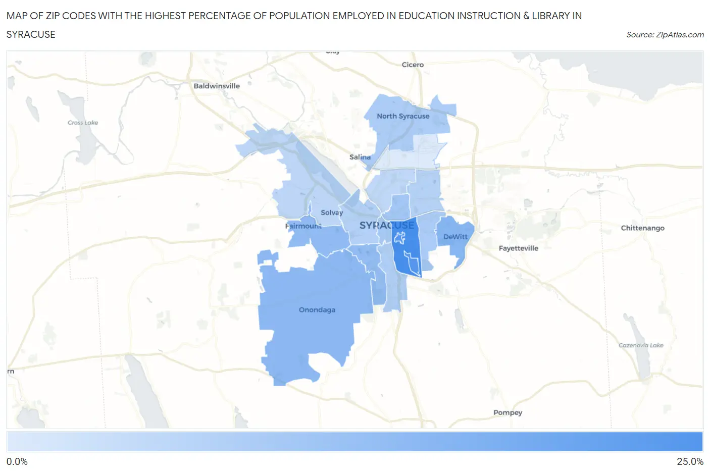 Zip Codes with the Highest Percentage of Population Employed in Education Instruction & Library in Syracuse Map