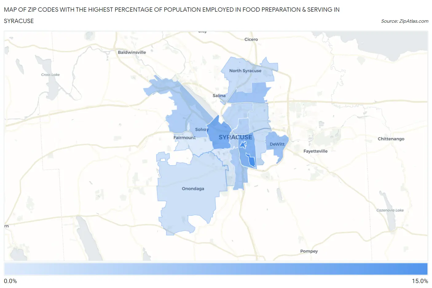 Zip Codes with the Highest Percentage of Population Employed in Food Preparation & Serving in Syracuse Map