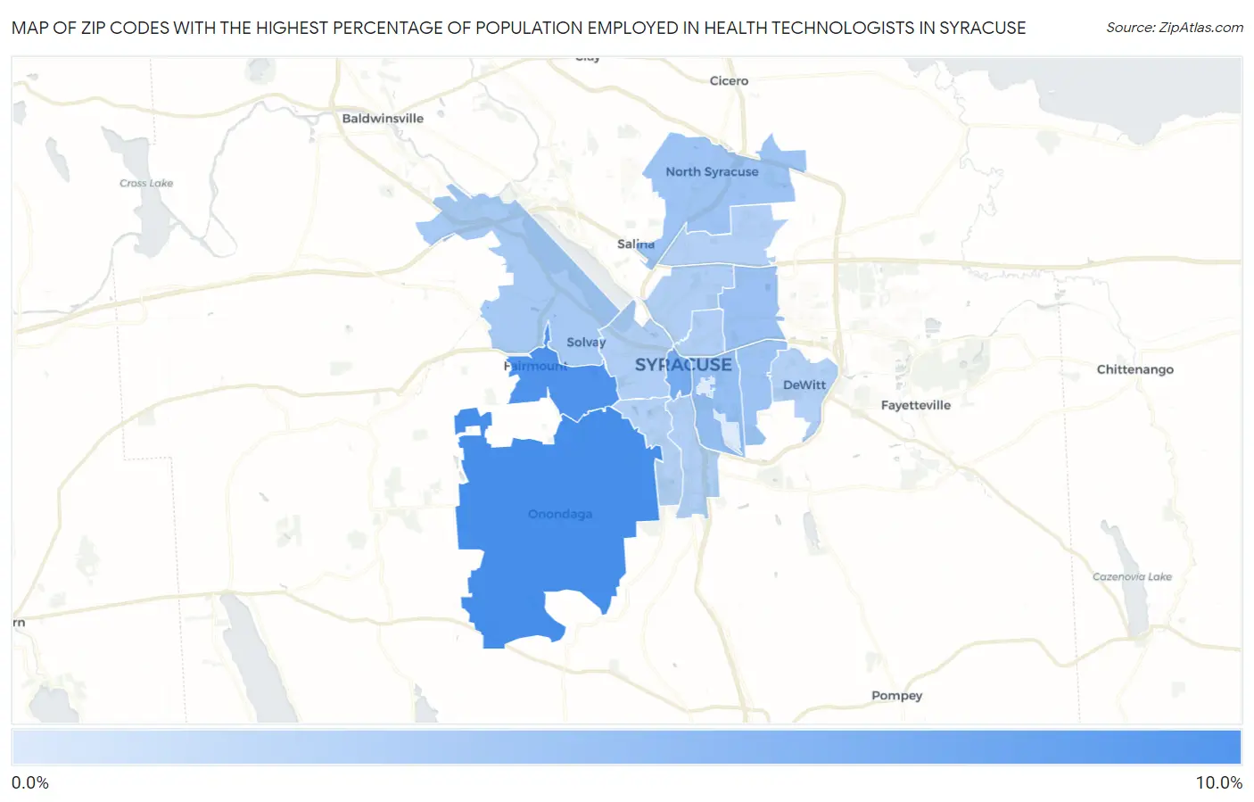 Zip Codes with the Highest Percentage of Population Employed in Health Technologists in Syracuse Map