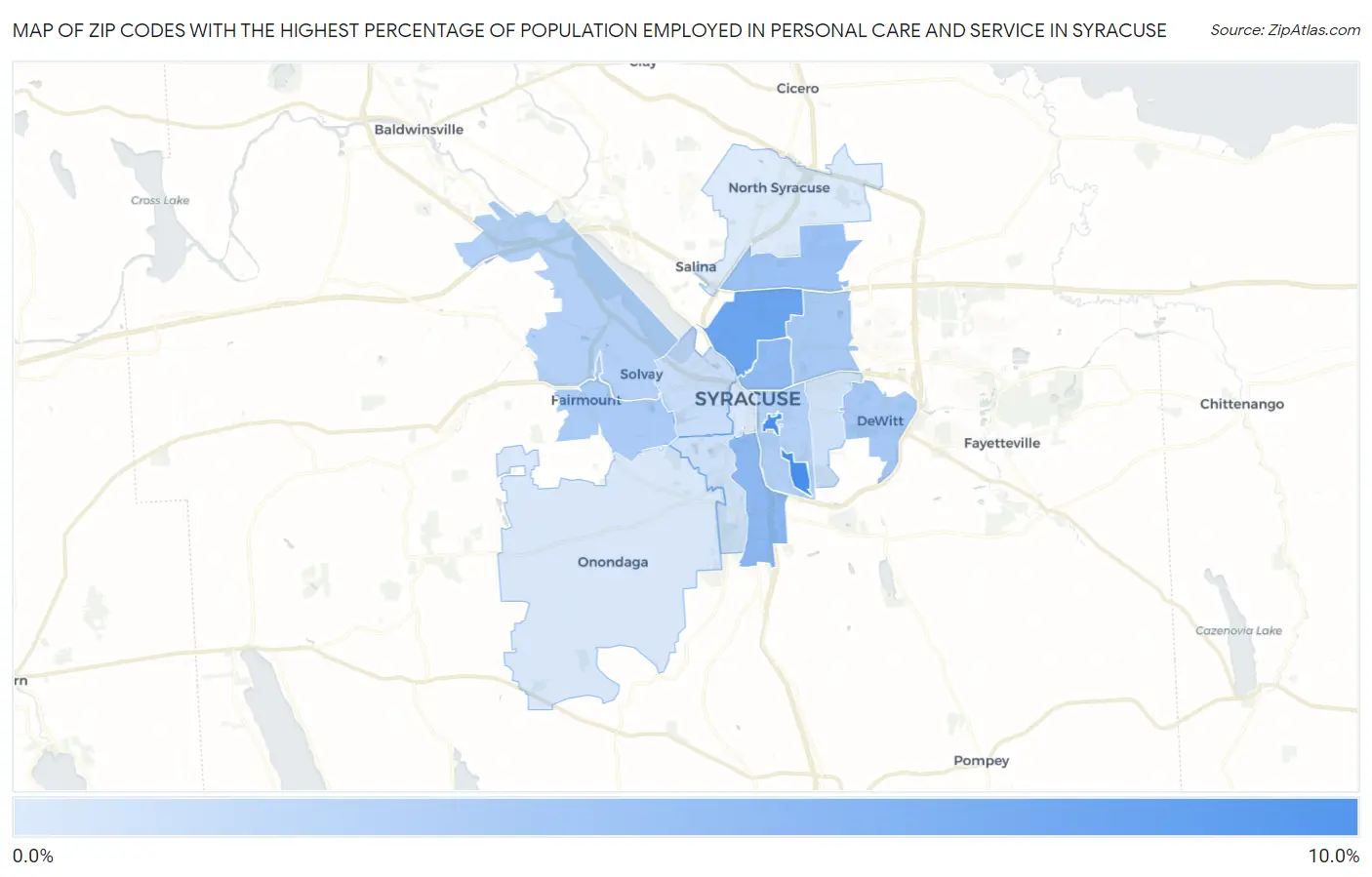 Zip Codes with the Highest Percentage of Population Employed in Personal Care and Service in Syracuse Map