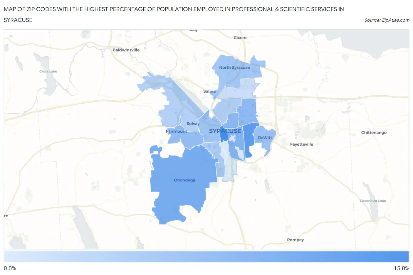 Zip Codes with the Highest Percentage of Population Employed in Professional & Scientific Services in Syracuse Map