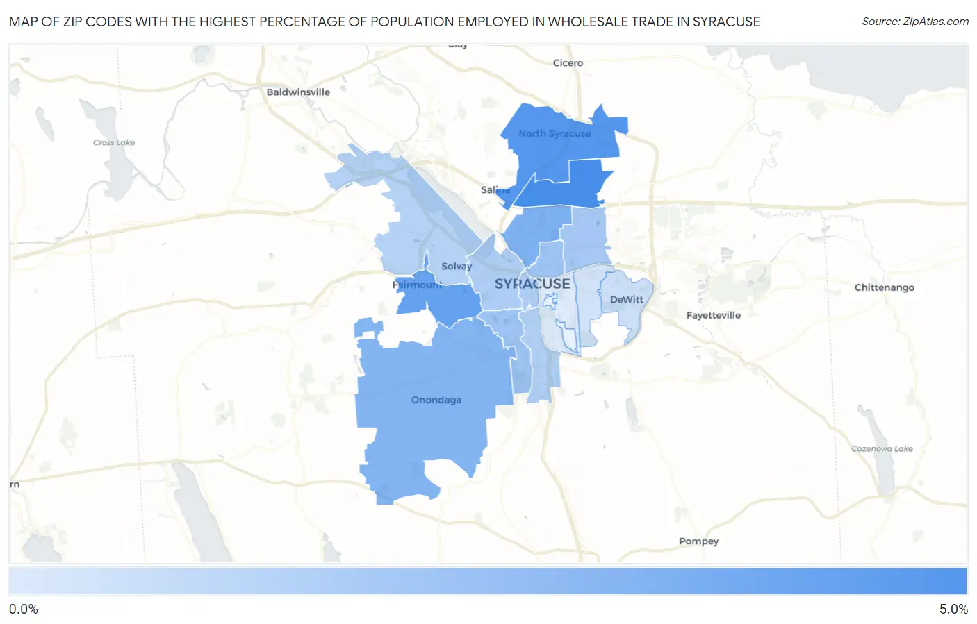 Zip Codes with the Highest Percentage of Population Employed in Wholesale Trade in Syracuse Map