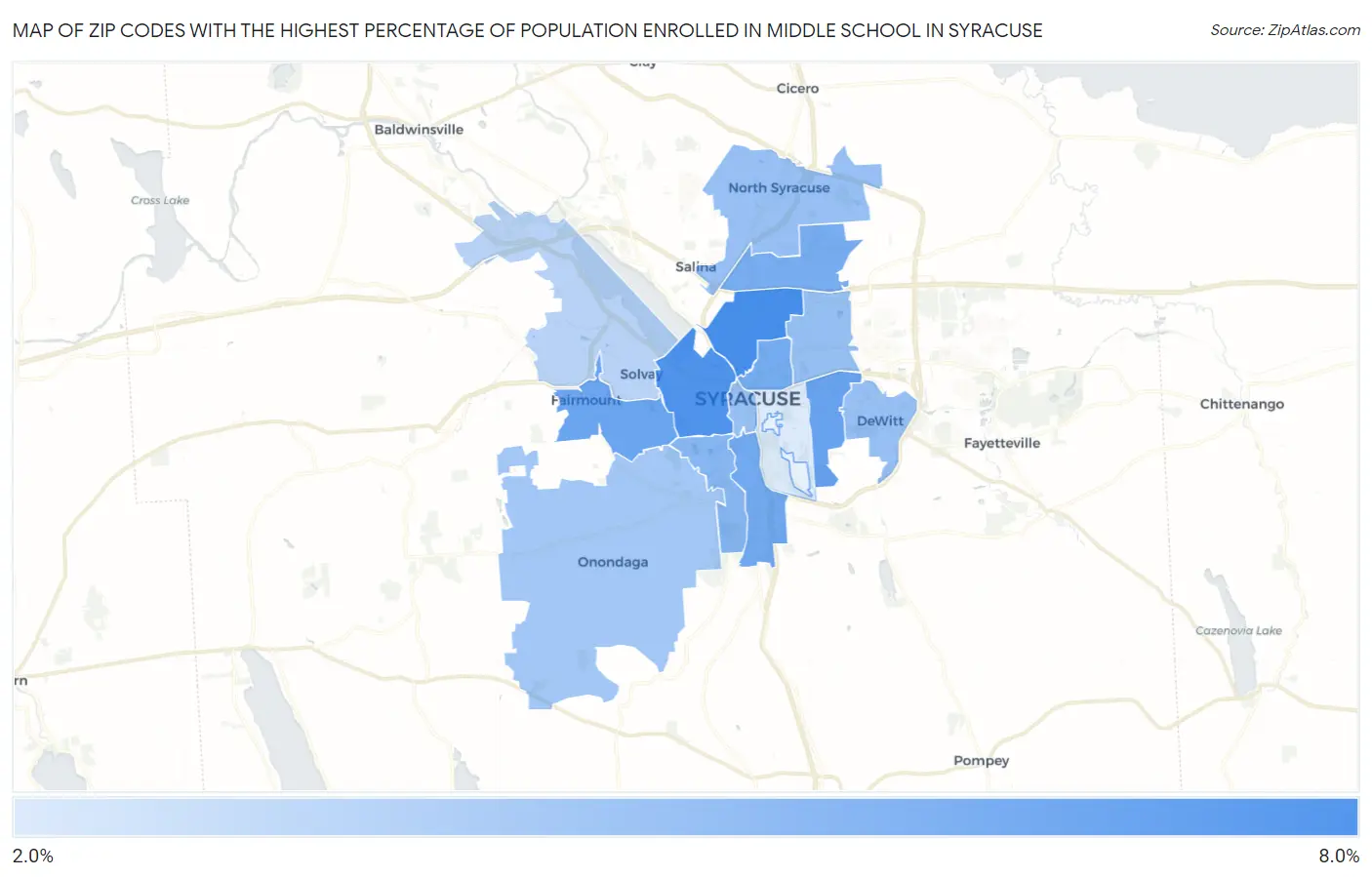 Zip Codes with the Highest Percentage of Population Enrolled in Middle School in Syracuse Map