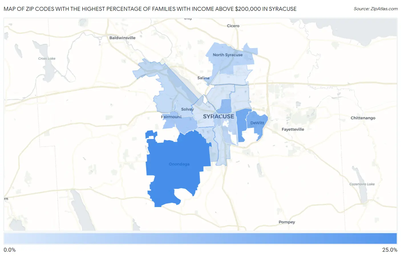 Zip Codes with the Highest Percentage of Families with Income Above $200,000 in Syracuse Map