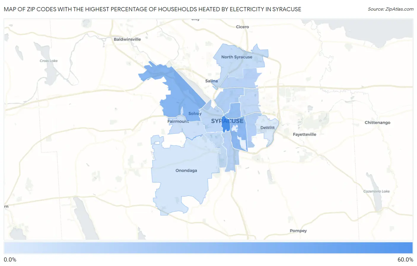 Zip Codes with the Highest Percentage of Households Heated by Electricity in Syracuse Map