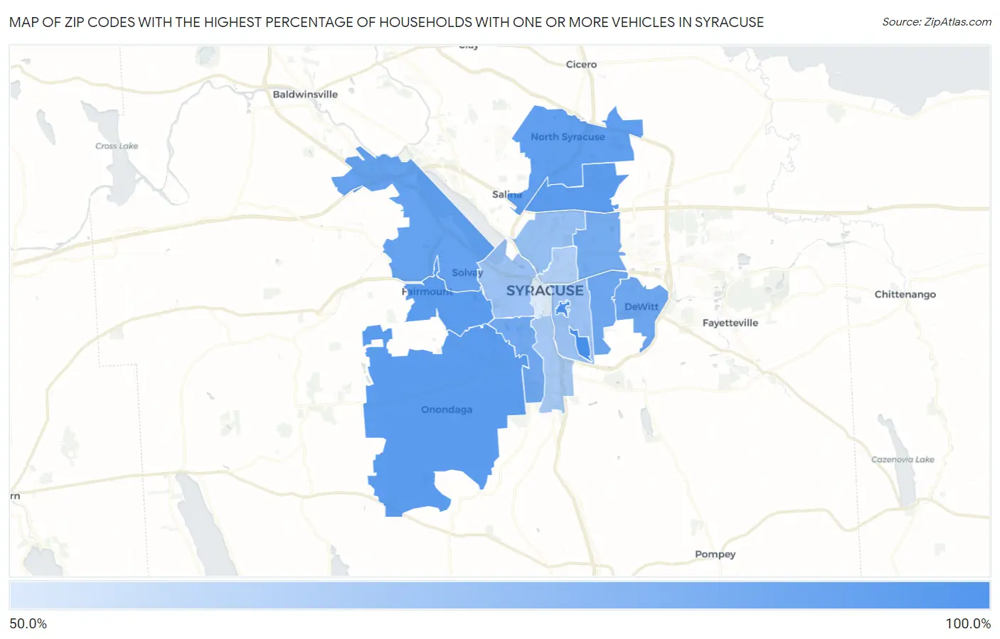 Zip Codes with the Highest Percentage of Households With One or more Vehicles in Syracuse Map