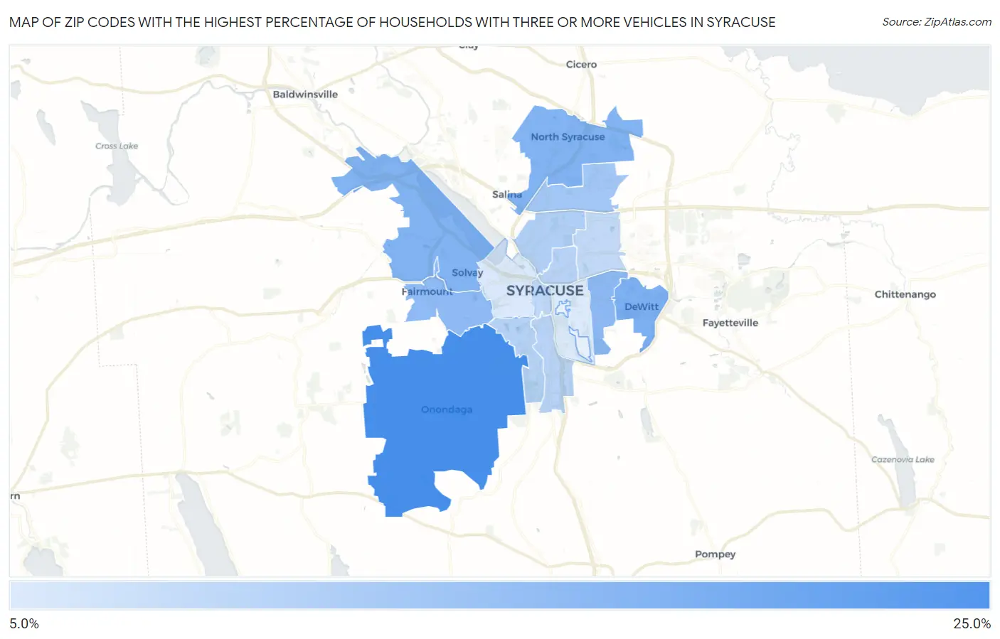 Zip Codes with the Highest Percentage of Households With Three or more Vehicles in Syracuse Map