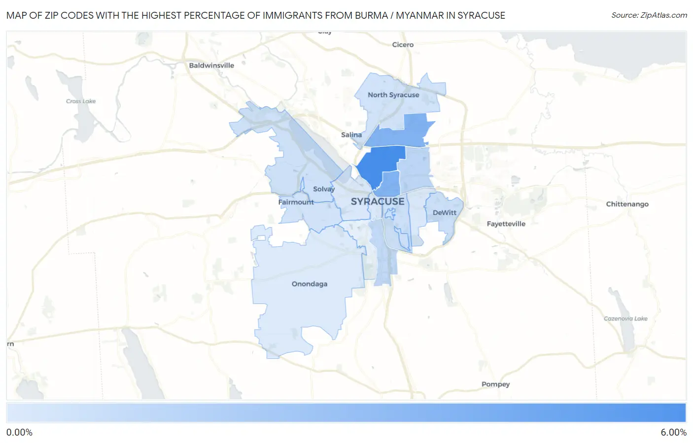 Zip Codes with the Highest Percentage of Immigrants from Burma / Myanmar in Syracuse Map