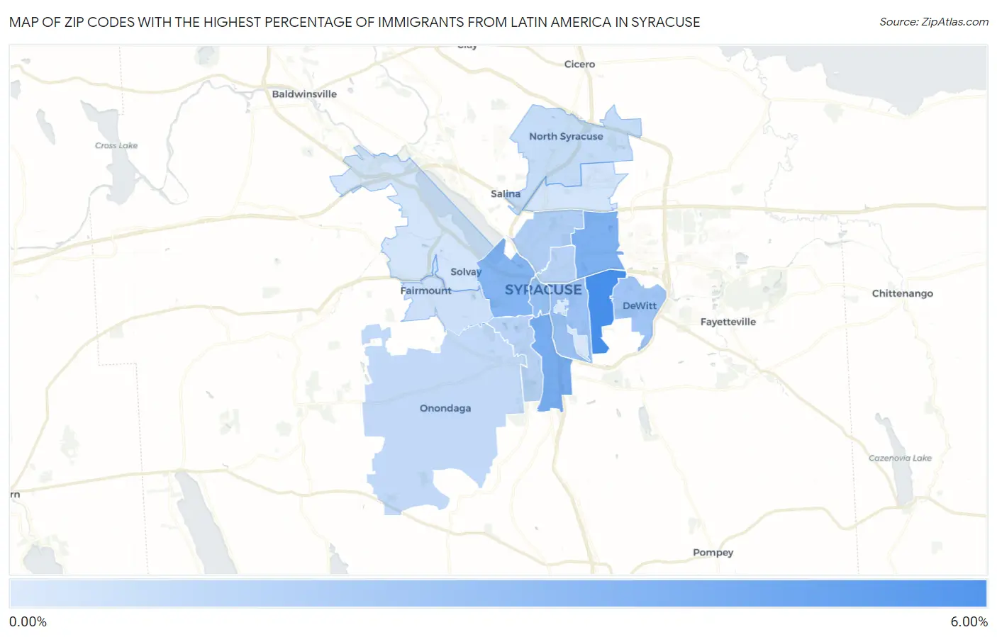 Zip Codes with the Highest Percentage of Immigrants from Latin America in Syracuse Map
