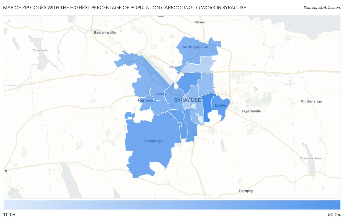 Zip Codes with the Highest Percentage of Population Carpooling to Work in Syracuse Map