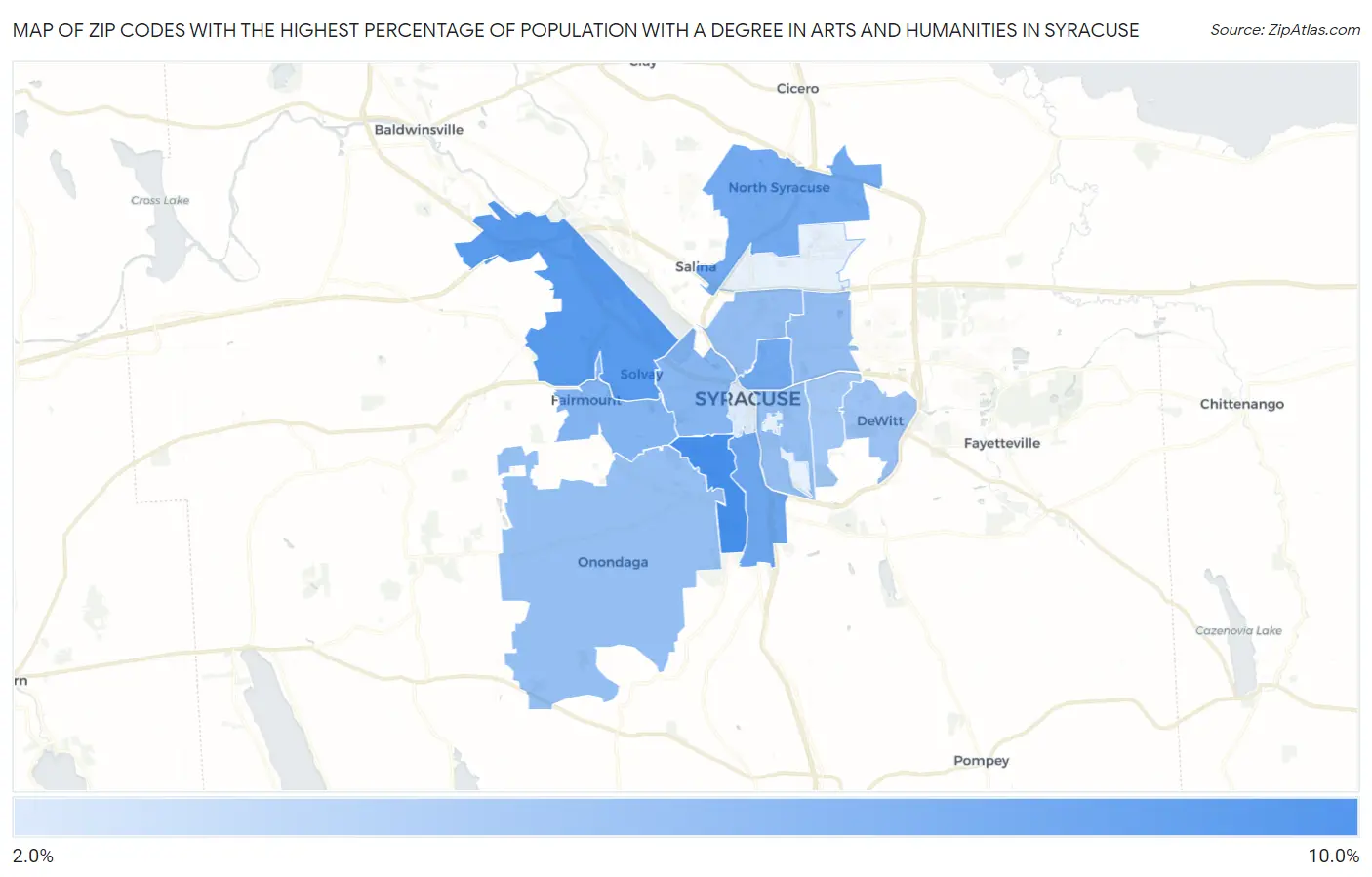 Zip Codes with the Highest Percentage of Population with a Degree in Arts and Humanities in Syracuse Map