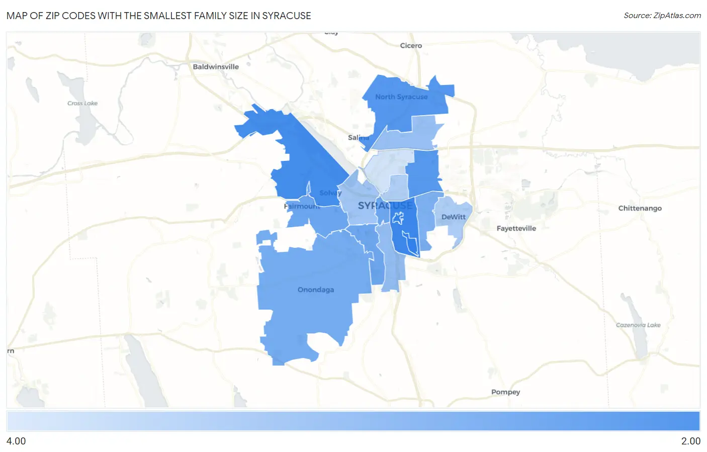 Zip Codes with the Smallest Family Size in Syracuse Map