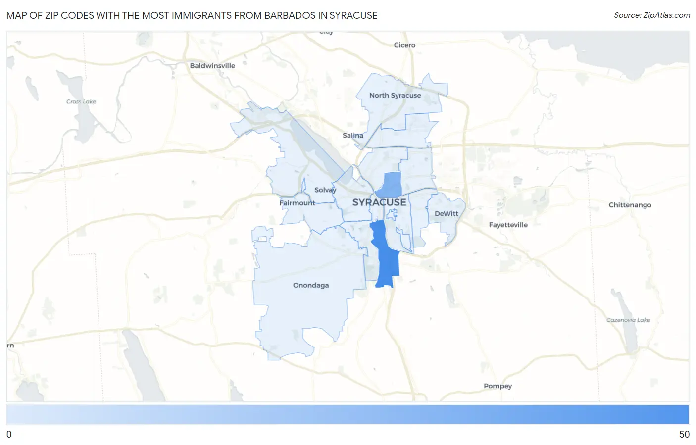 Zip Codes with the Most Immigrants from Barbados in Syracuse Map