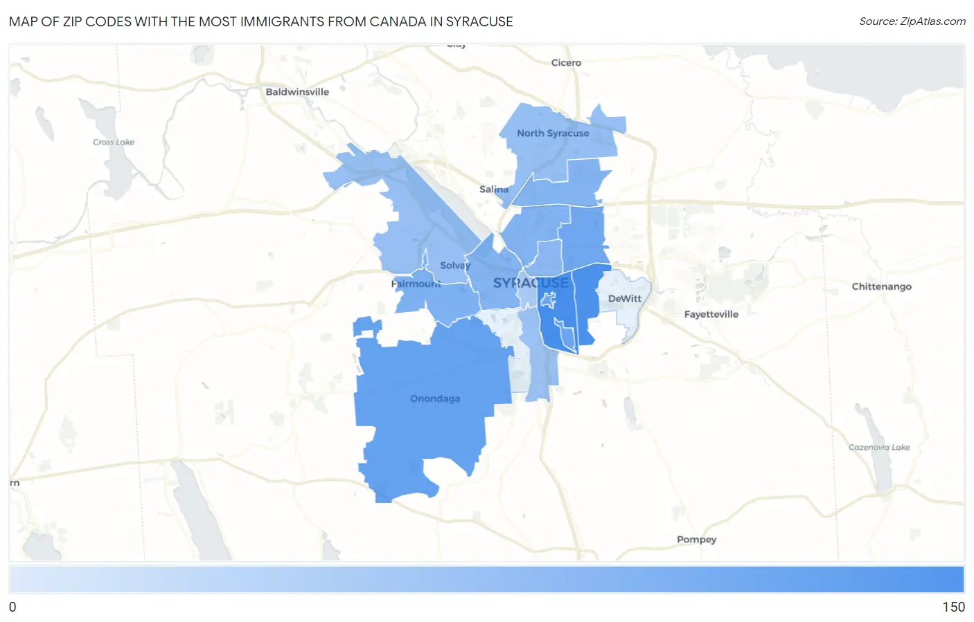 Zip Codes with the Most Immigrants from Canada in Syracuse Map