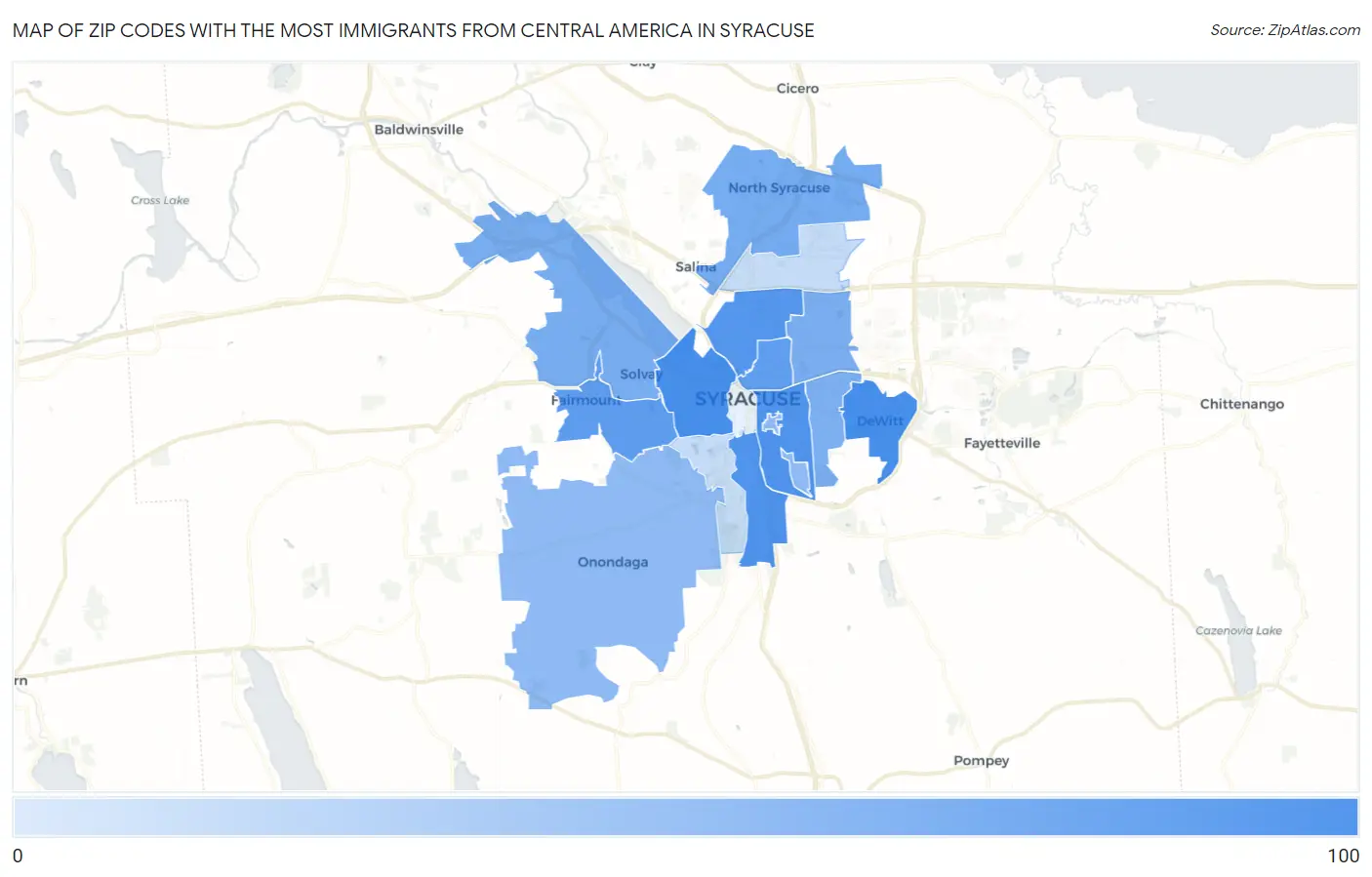 Zip Codes with the Most Immigrants from Central America in Syracuse Map