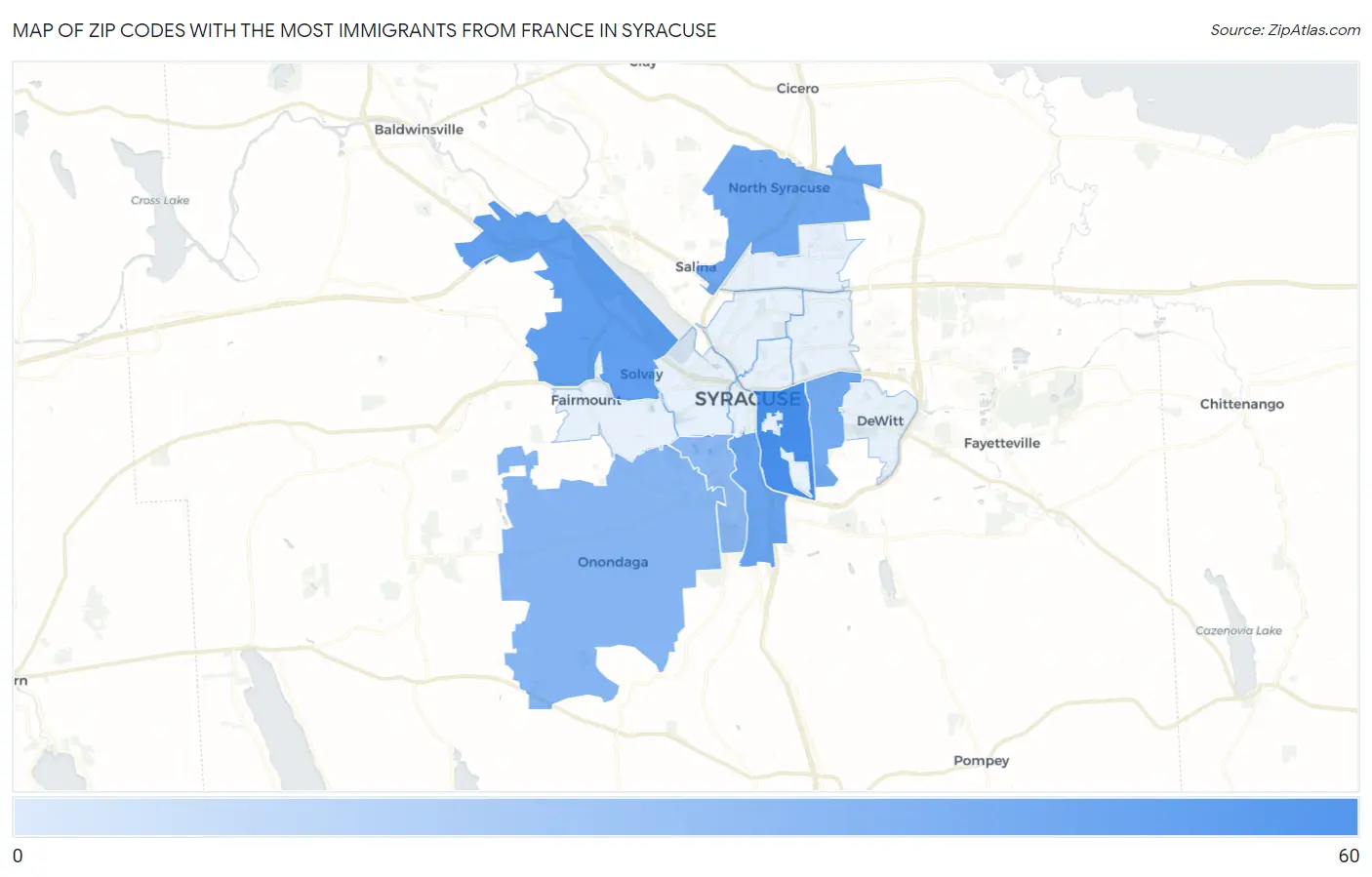 Zip Codes with the Most Immigrants from France in Syracuse Map