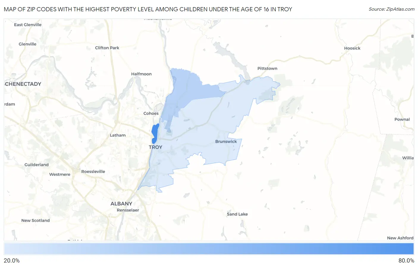 Zip Codes with the Highest Poverty Level Among Children Under the Age of 16 in Troy Map