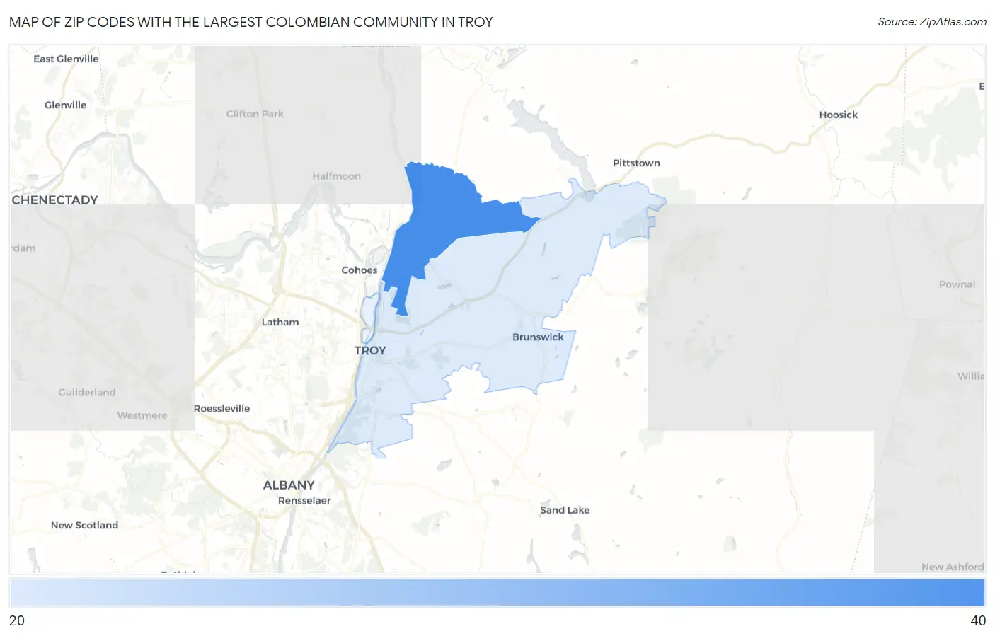 Zip Codes with the Largest Colombian Community in Troy Map