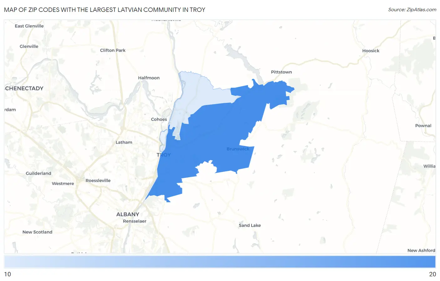 Zip Codes with the Largest Latvian Community in Troy Map