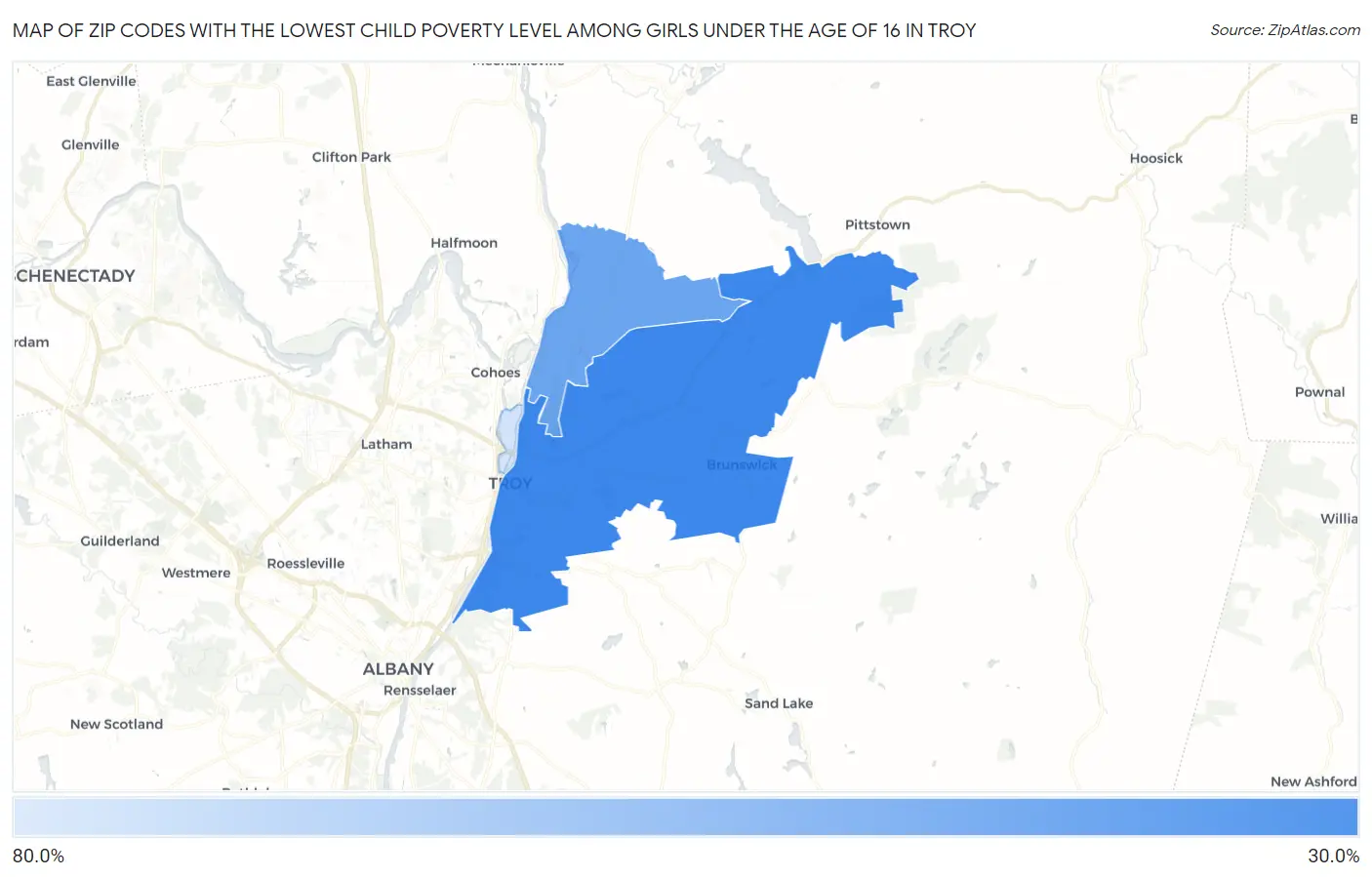 Zip Codes with the Lowest Child Poverty Level Among Girls Under the Age of 16 in Troy Map