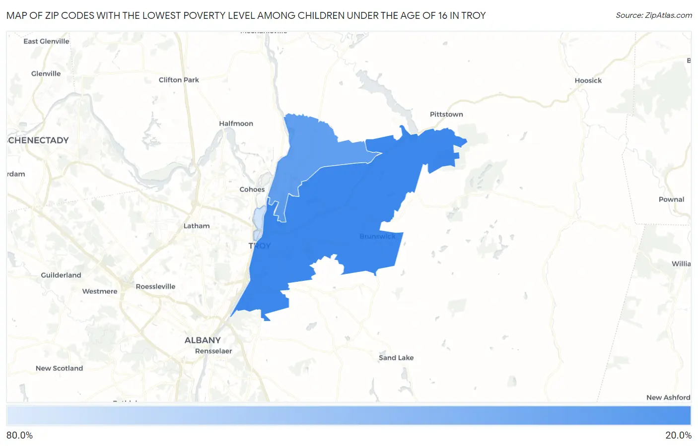 Zip Codes with the Lowest Poverty Level Among Children Under the Age of 16 in Troy Map