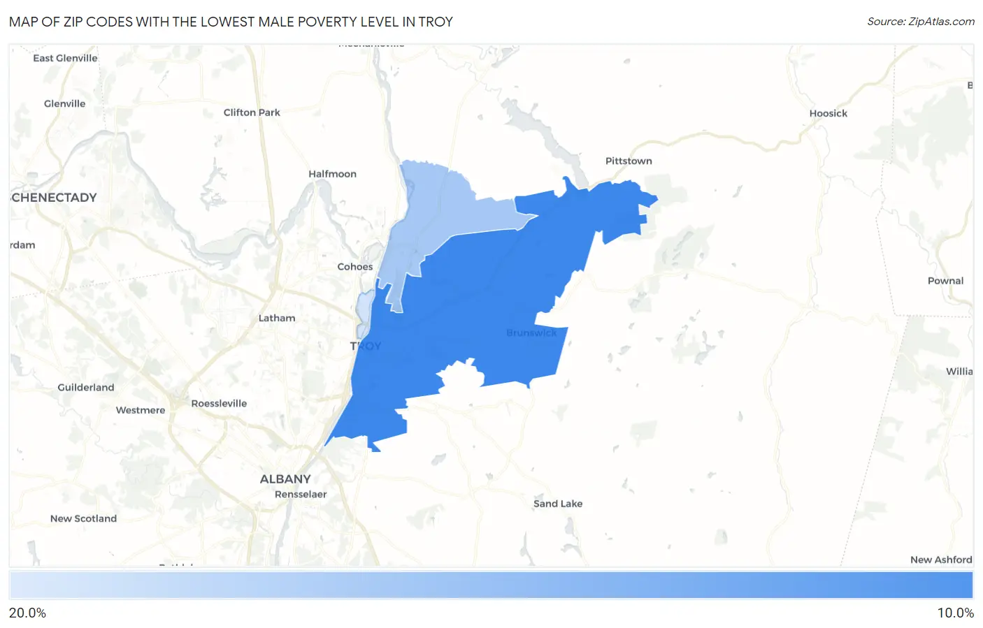Zip Codes with the Lowest Male Poverty Level in Troy Map