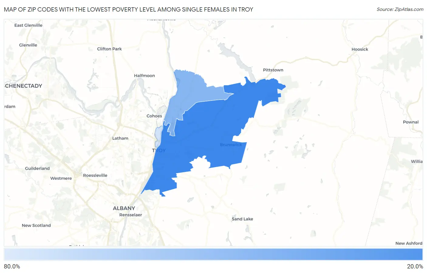 Zip Codes with the Lowest Poverty Level Among Single Females in Troy Map