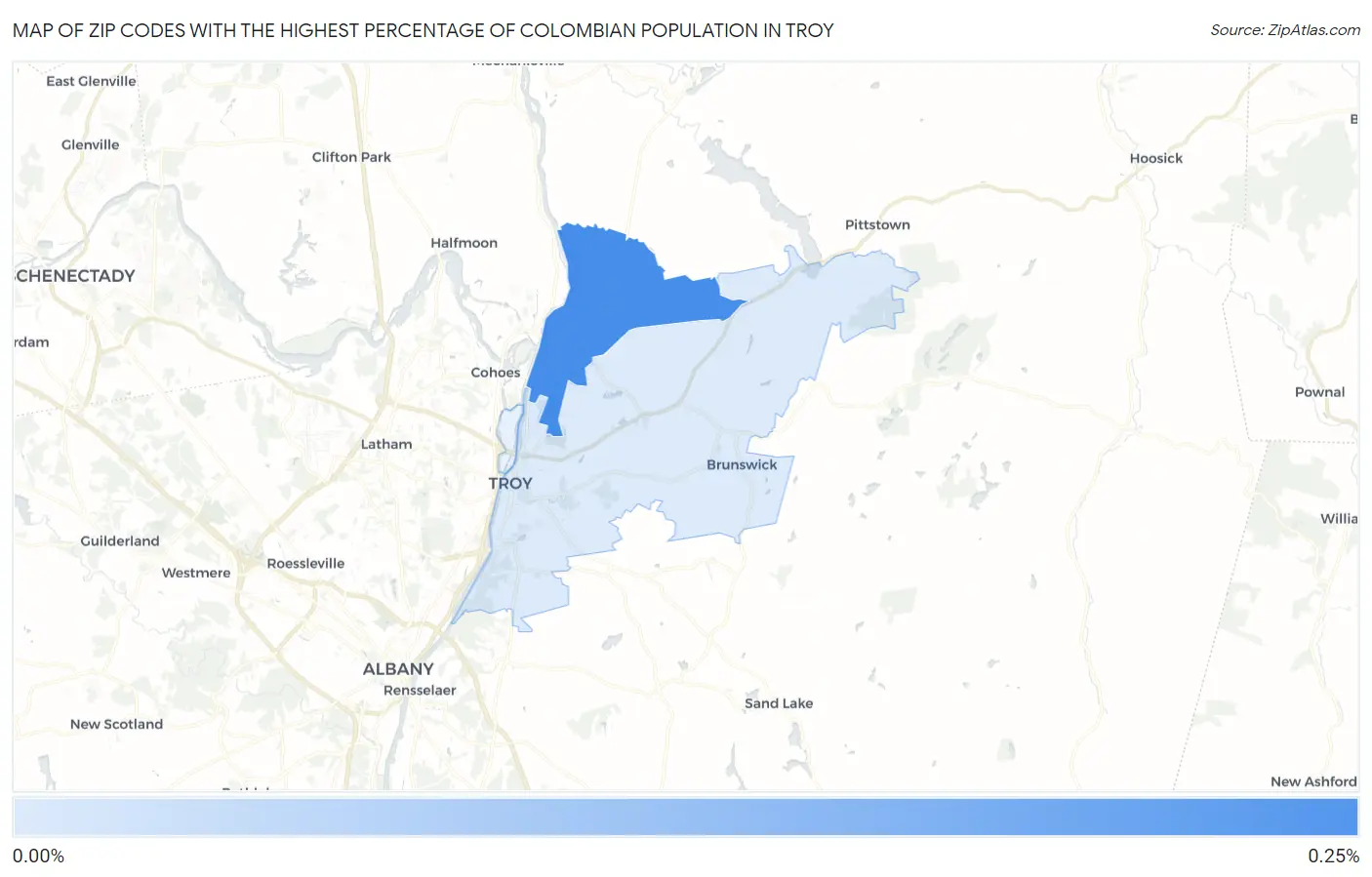 Zip Codes with the Highest Percentage of Colombian Population in Troy Map