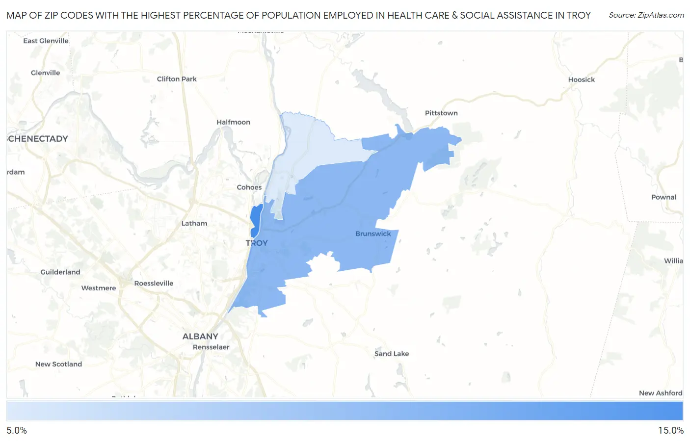 Zip Codes with the Highest Percentage of Population Employed in Health Care & Social Assistance in Troy Map