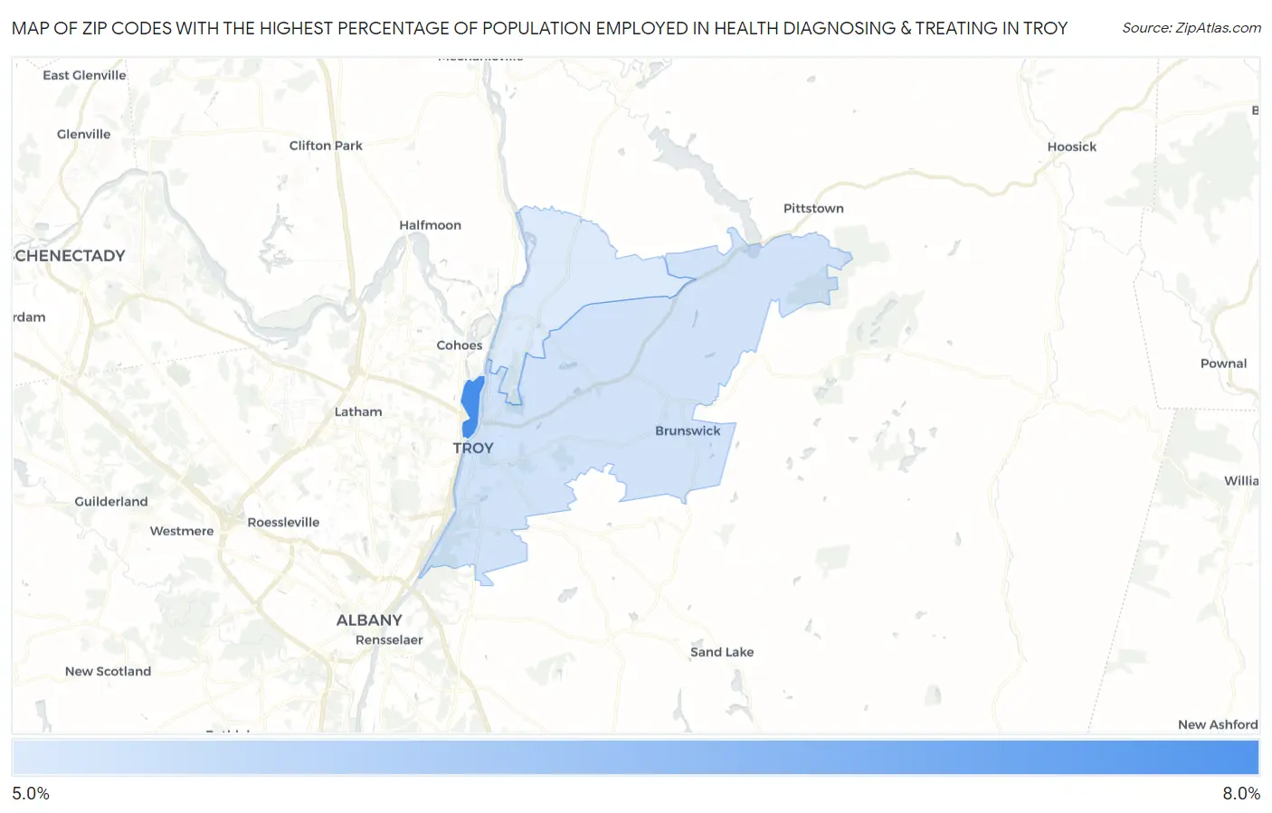 Zip Codes with the Highest Percentage of Population Employed in Health Diagnosing & Treating in Troy Map